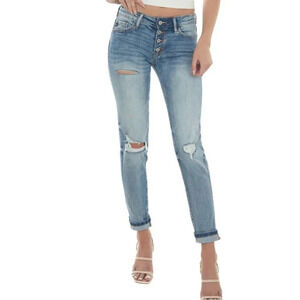 Kancan Medium/light Wash distressed Jeans, Button fly, relaxed fit. Size 25